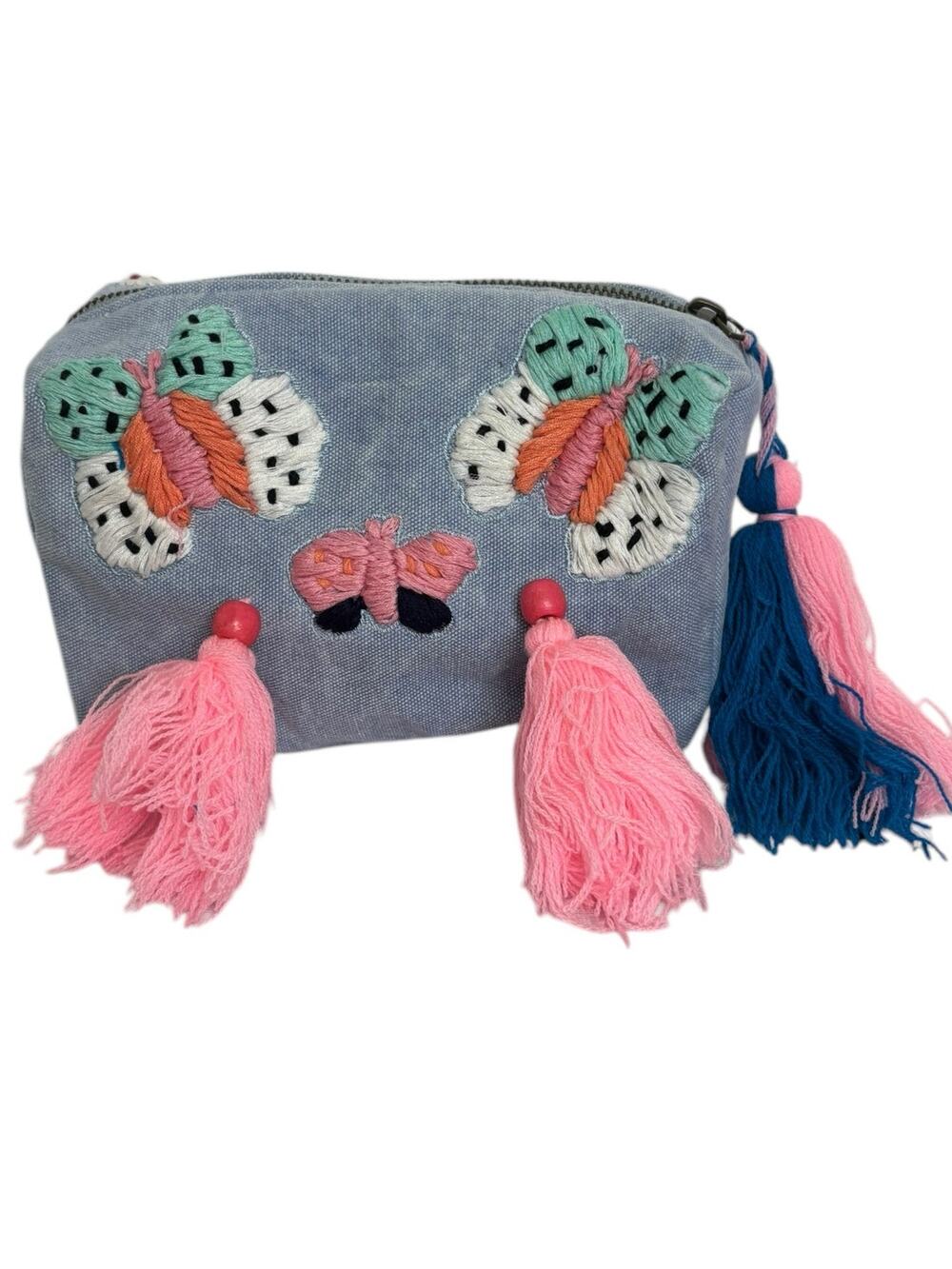 Raj LA Light Denim Blue Canvas Embroidered Tasseled Butterfly Cosmetic Bag NEW